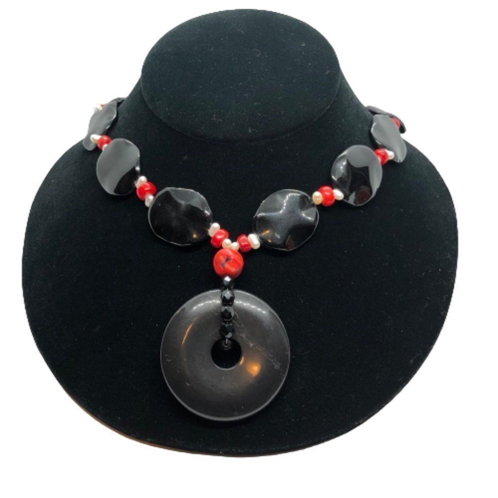 Stunning 16" Black Stone, Cultured Pearl, Red Dyed Coral Necklace Sterling Clasp